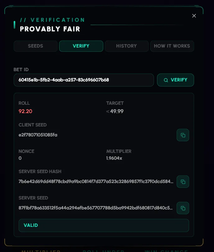 Wicks Dice verification modal showing a verified bet with roll, seeds, nonce, and a VALID result